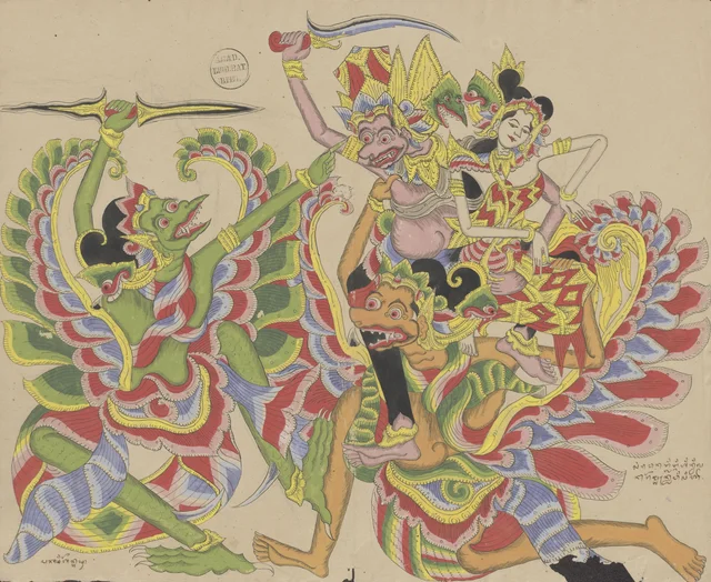 Jatayu combat Rawana, qui a enlevé Sita, Dessins balinais de la collection Van der Tuuk
