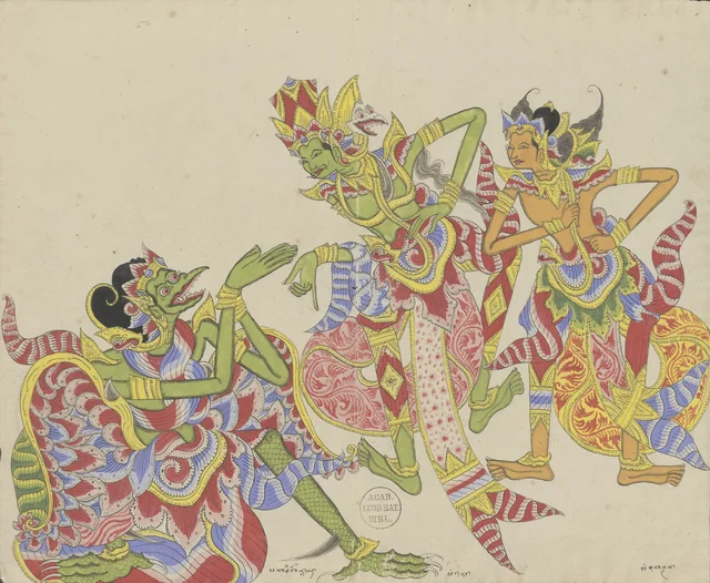 Jatayu kneels before Rama and Laksmana to tell them of Sita's abduction, Dessins balinais de la collection Van der Tuuk