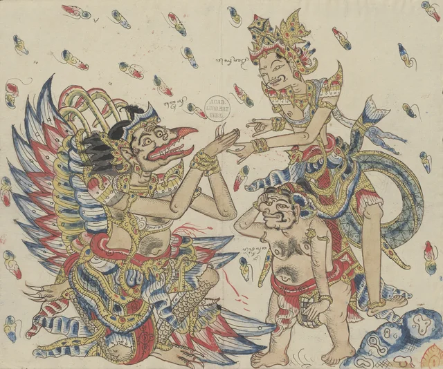 Jatayu kneels before Rama to tell him of Sita's abduction; Mredah attends Rama, Dessins balinais de la collection Van der Tuuk
