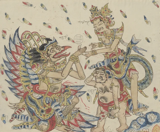 Jatayu, arrodillado ante Rama, le anuncia el rapto de Sita; Mredah acompaña a Rama