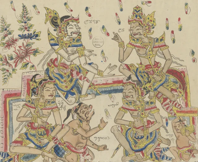 Kresna et Satyaki rendent visite à Drestarasta et Sanjaya, avec Sangut et un serviteur portant le sirih, Dessins balinais de la collection Van der Tuuk