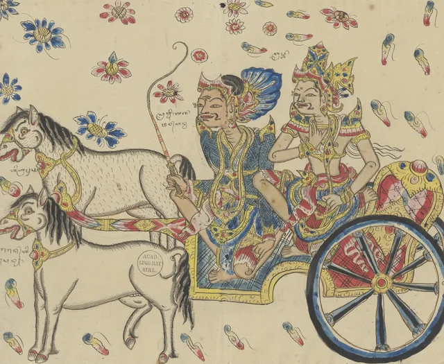 Kresna en su carro, conducido por el sabio Kanwa y tirado por los caballos Ibrapuspa y Sénya