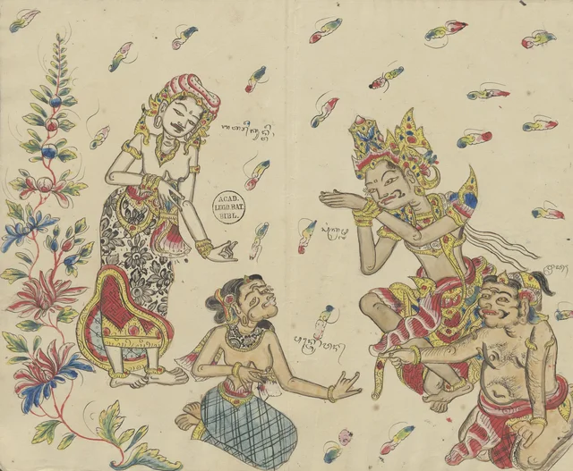 Kresna salue Kunti d'un sembah ; son serviteur Mredah désigne la vieille servante de Kunti, Dessins balinais de la collection Van der Tuuk