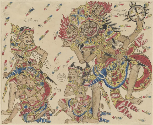 Kresna, transformé en sa forme courroucée, affronte Duryodana ; Swikarna s'évanouit, Dessins balinais de la collection Van der Tuuk