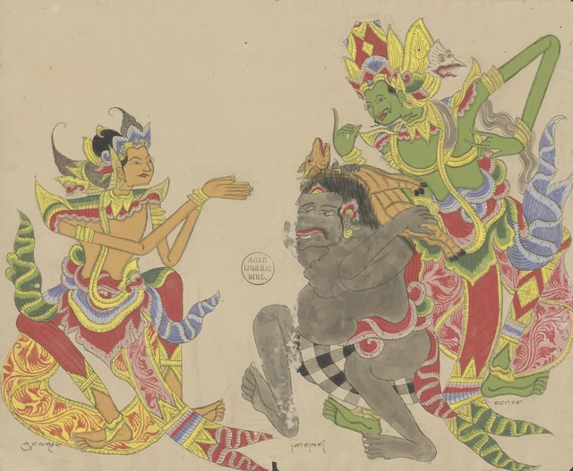 Laksmana meets Rama, who has just shot the golden deer; Twalén carries the deer on his back, Dessins balinais de la collection Van der Tuuk