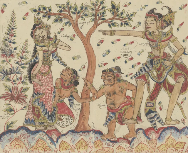 Laksmana utters a curse and threatens Sita; Mredah threatens his mother, Dessins balinais de la collection Van der Tuuk