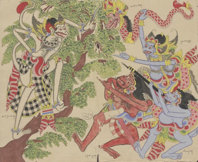 Méganada fights Anoman; Sangut aims his blowpipe at Anoman and Délem menaces the monkey, Dessins balinais de la collection Van der Tuuk