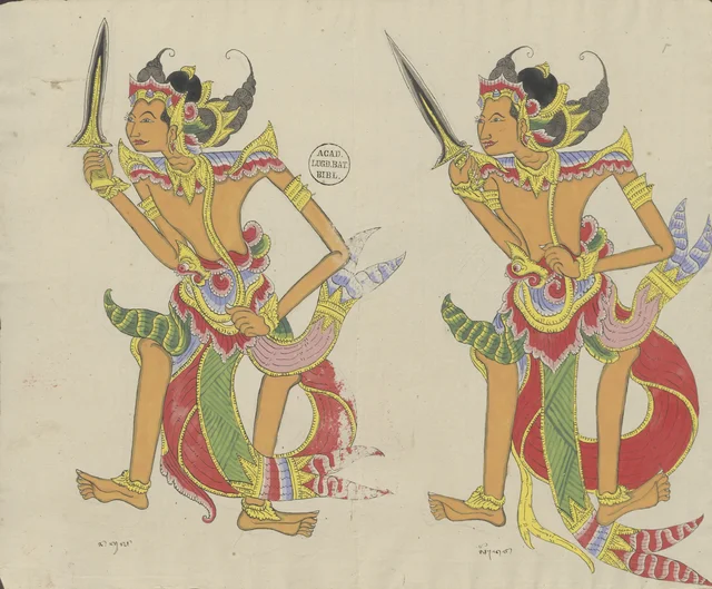 Nakula and Sadéwa with drawn krisses, Dessins balinais de la collection Van der Tuuk