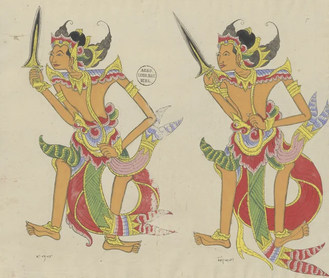 Nakula y Sadéwa, con los krises desenvainados, Dibujos balineses de la colección Van der Tuuk
