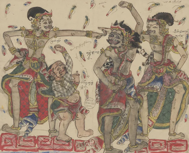 Prabangsa se encuentra con el patih Jayastra de Mataram y el tumenggung Gagak Baning; Prabangsa va acompañado de Jerubud, Dibujos balineses de la colección Van der Tuuk