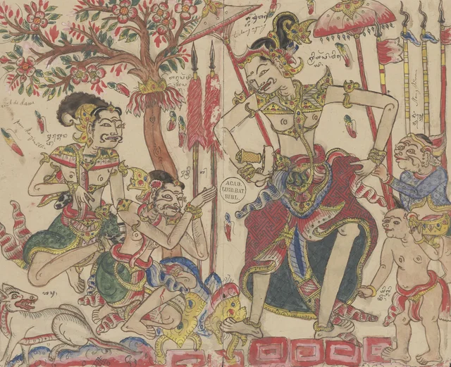 Pun Trik rinde homenaje al rey Harsawijaya de Majapahit ante su corte, Dibujos balineses de la colección Van der Tuuk