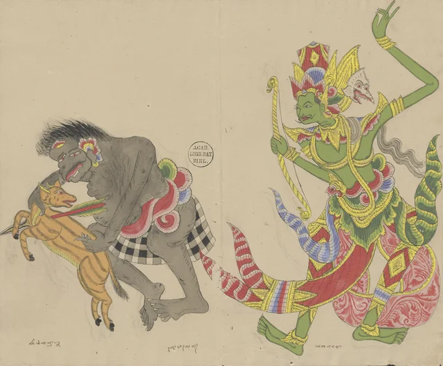 Rama a tiré une flèche sur un cerf ; Twalén essaie de l'attraper, Dessins balinais de la collection Van der Tuuk