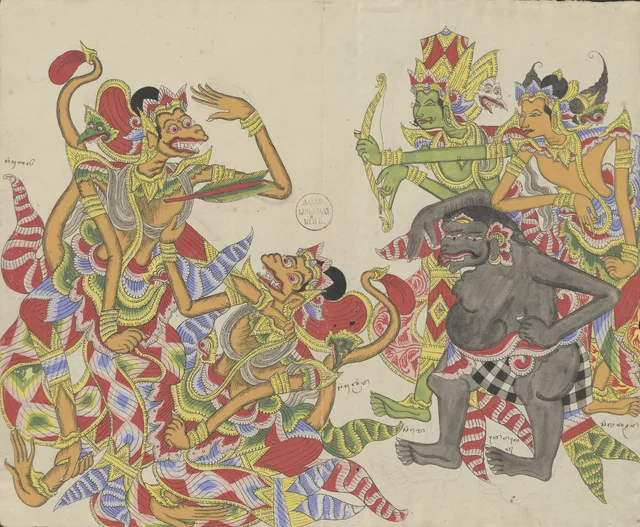 Rama tire une flèche sur Subali, qui combat Sugriwa ; Laksmana et Twalén regardent, Dessins balinais de la collection Van der Tuuk