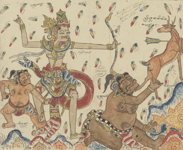 Rama shoots the golden deer; Twalén tries to catch it while Mredah watches, Dessins balinais de la collection Van der Tuuk