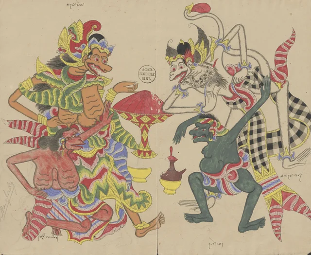 Sayongsarba offre de la nourriture à Anoman, avec Mén Gelabig et Mredah, Dessins balinais de la collection Van der Tuuk