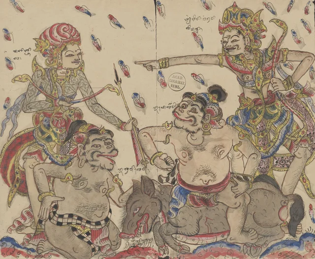 Siwa señala a Arjuna, que sostiene una flecha, mientras un jabalí muerto yace ante ellos; los sirvientes Délem y Twalén van a pelear, Dibujos balineses de la colección Van der Tuuk