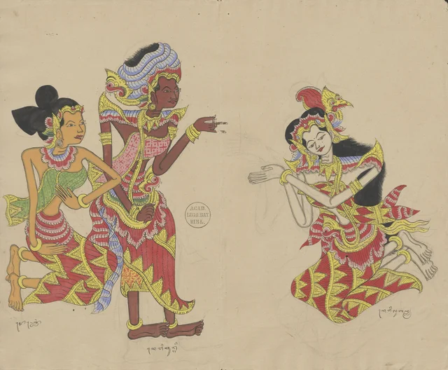 Subadra salue Kunti d'un sembah ; Kunti est accompagnée d'une servante, Dessins balinais de la collection Van der Tuuk