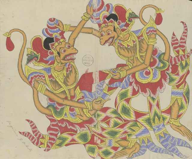 Subali et Sugriwa se battent, Dessins balinais de la collection Van der Tuuk