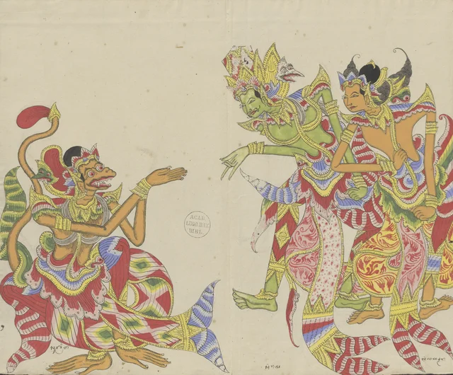 Sugriwa s'agenouille devant Rama et Laksmana, Dessins balinais de la collection Van der Tuuk