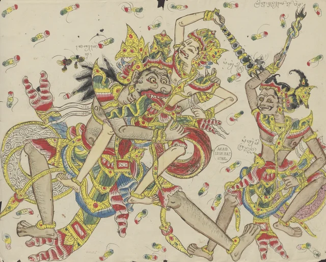 Le démon Orta saisit le dieu Indra et tente de le dévorer ; Citranggada regarde