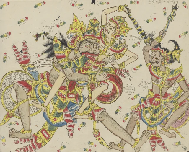 El demonio Orta agarra al dios Indra e intenta devorarlo; Citranggada mira