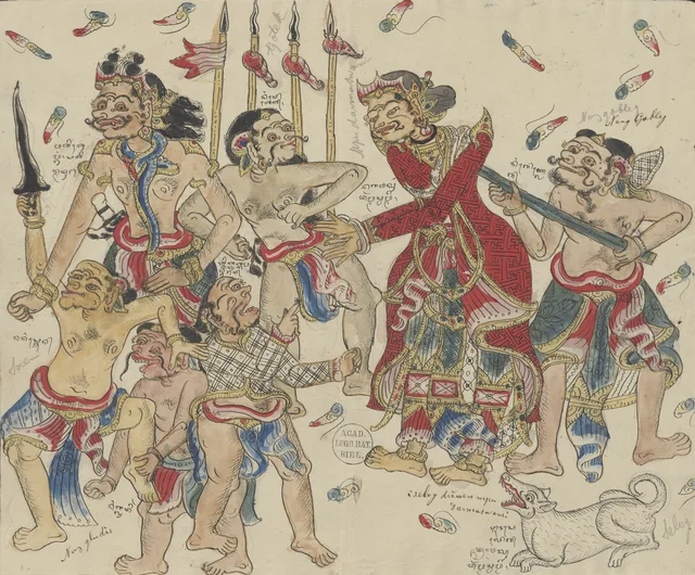 Le sage Darmaswami est capturé par le patih de Madura et ses hommes ; Noang Goblég tient une sorte de lasso