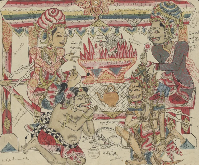 Les sages Sri Walka et Anggira font une offrande homa ; le sage Rawéyu, changé en perroquet, tombe dans le feu et obtient ainsi la libération ; le roi Sri Ajnyadéwa regarde