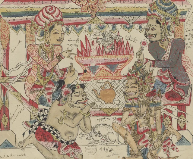 Los sabios Sri Walka y Anggira hacen una ofrenda homa; el sabio Rawéyu, convertido en loro, cae en el fuego y obtiene así la liberación; el rey Sri Ajnyadéwa mira