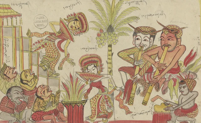 Dos bailarines con abanico, dos flautistas y espectadores bajo un cocotero, Dibujos balineses de la colección Van der Tuuk