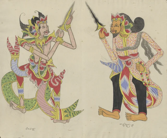 Wirasangka and Drona stand facing each other with their krisses drawn, Dessins balinais de la collection Van der Tuuk
