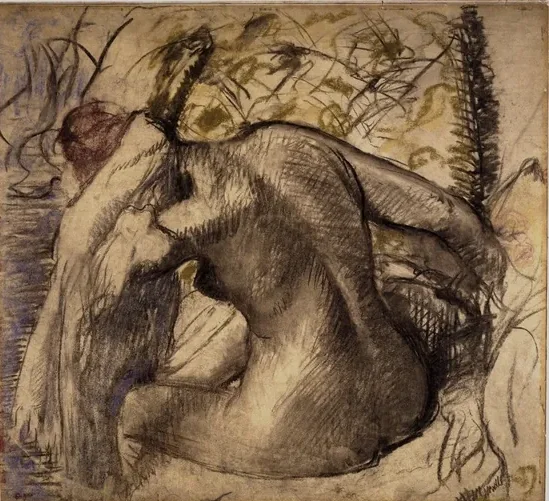 Femme nue assise s'essuyant les cheveux