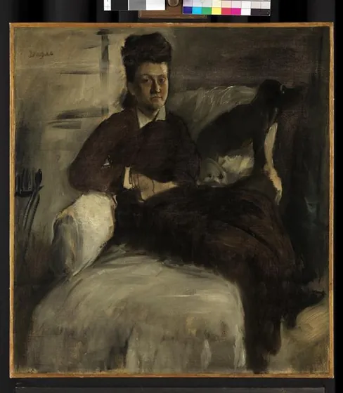 Mme Jeantaud sur sa chaise-longue avec deux chiens