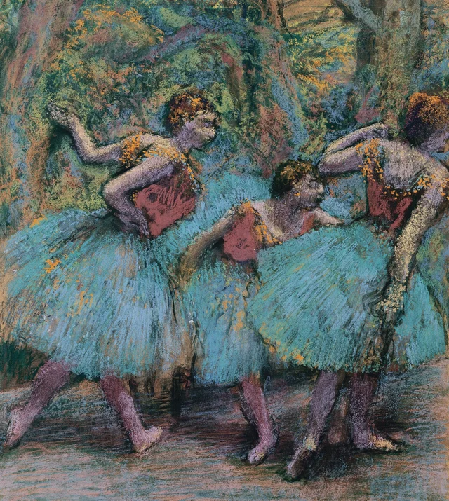 Três bailarinas (saias azuis, corpetes vermelhos), Edgar Degas