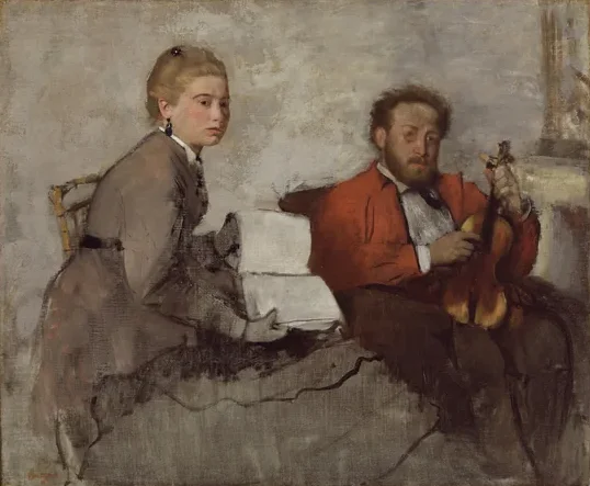 Violoniste et jeune femme tenant un cahier de musique)