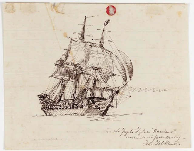 A Fragata inglesa "Narcissus" entrando em Port Stanley, ilhas Malvinas