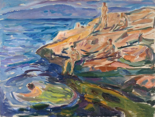 Hombres bañándose sobre las rocas
