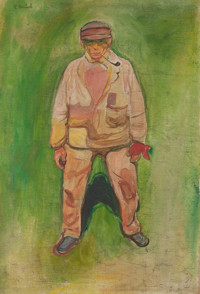 Pescador en un prado verde