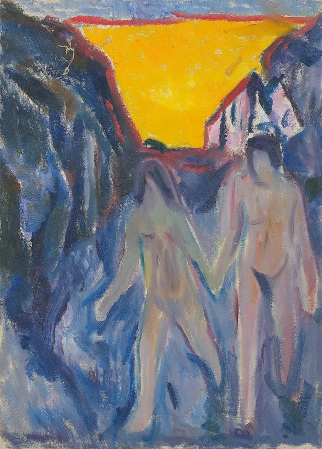 Hombre y mujer desnudos, caminando