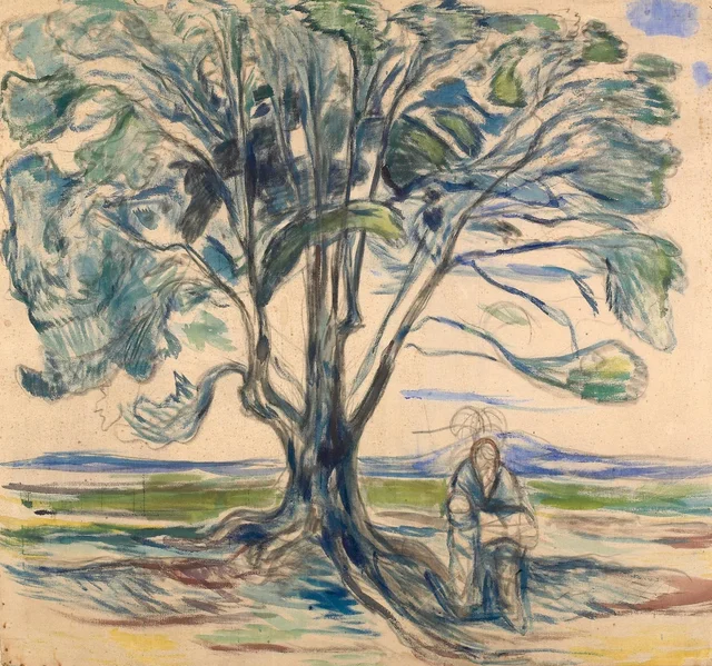 Anciano sentado bajo un árbol