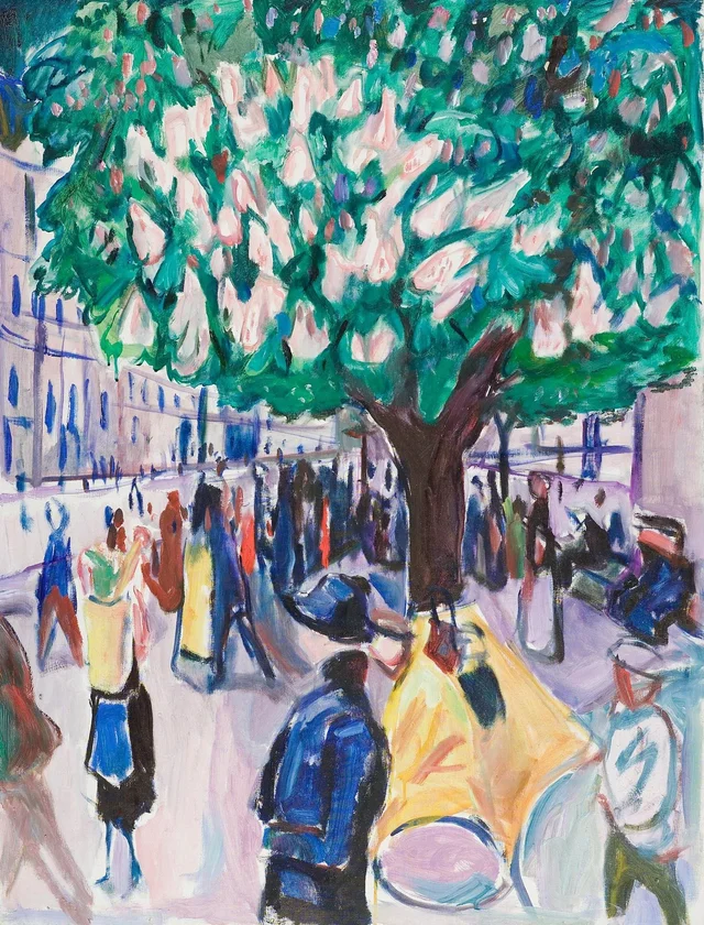 Calle con castaño de Indias en flor