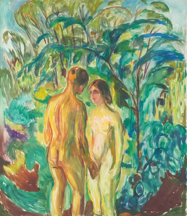 Hombre y mujer desnudos en el bosque