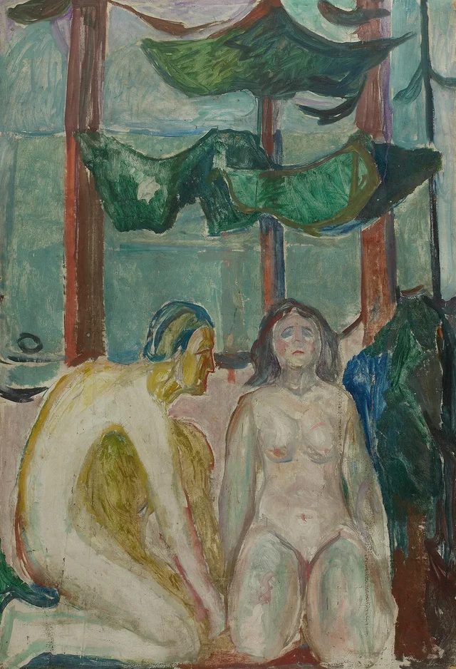 Pareja desnuda bajo los árboles