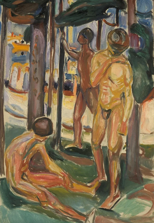 Hombres desnudos en un paisaje
