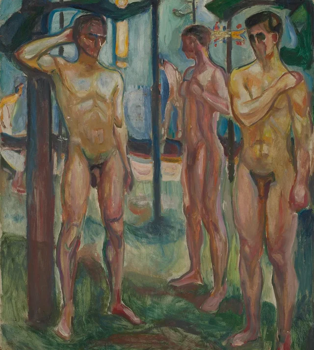 Hombres desnudos en un paisaje