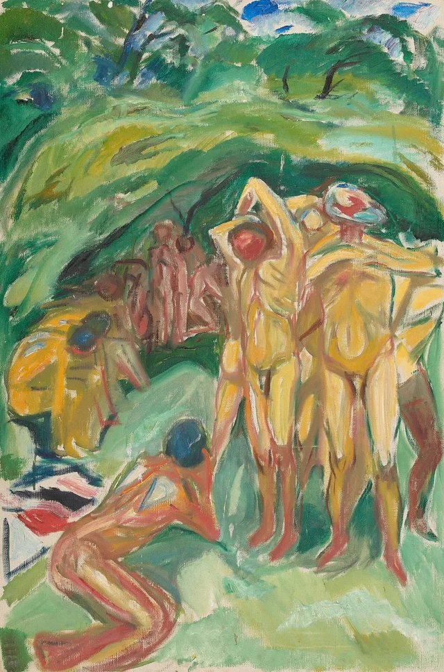 Hombres desnudos en el bosque