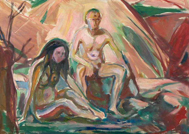 Hombre y mujer desnudos, sentados