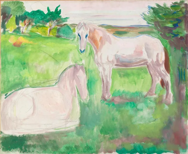 緑の草原の二頭の白い馬