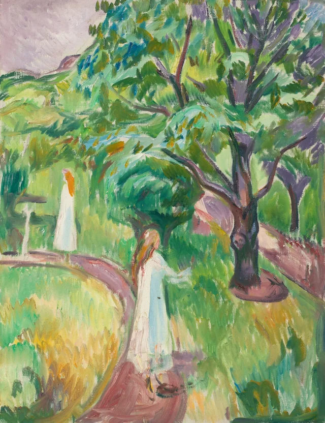Dos mujeres de blanco en el jardín