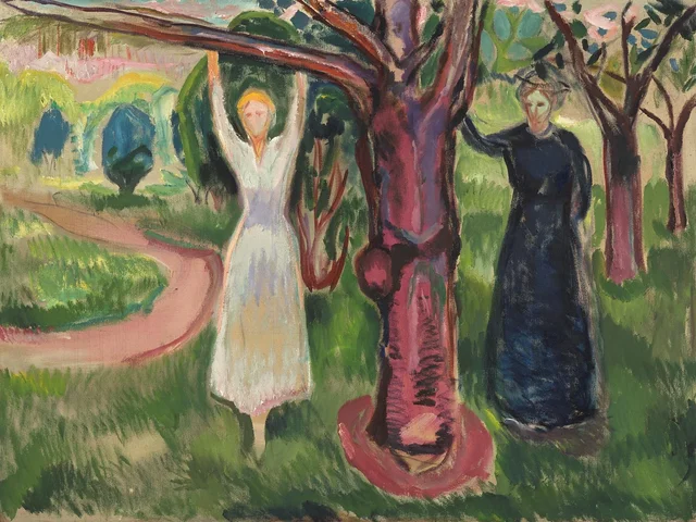 Dos mujeres bajo el árbol en el jardín