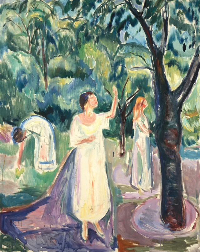 Tres mujeres en el jardín